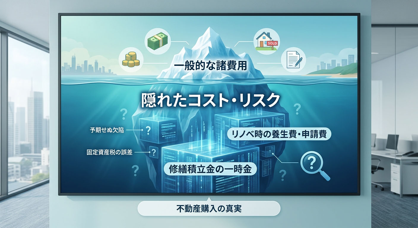 氷山をモチーフにしたインフォグラフィック。海面の上には「一般的な諸費用」、海面の下の見えない部分には「修繕積立金の一時金」「リノベ時の養生費・申請費」という隠れコストが描かれている