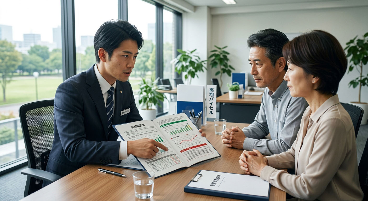 高翔バイセルのスタッフが、お客様に管理報告書を見せながら、メリットだけでなく将来のリスク(ネガティブ情報)についても真剣に説明している様子