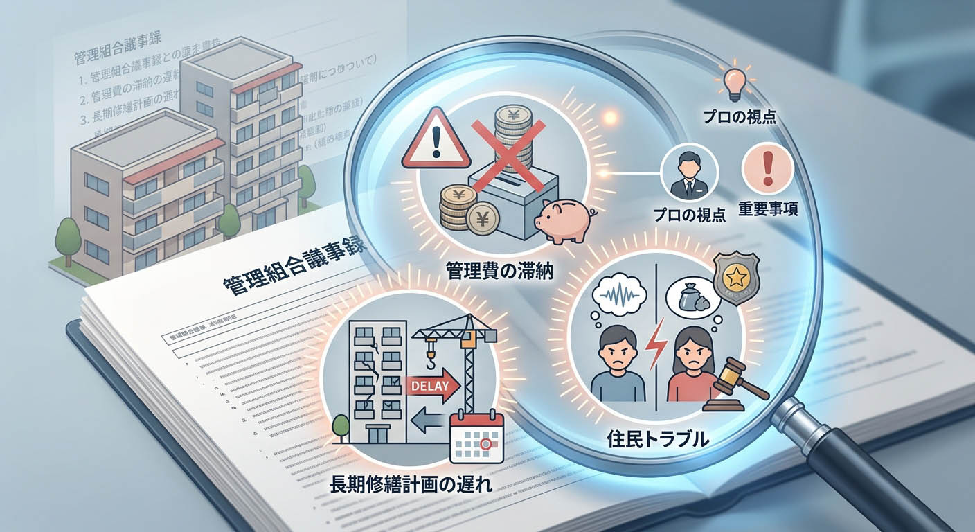 「管理費の滞納」「長期修繕計画の遅れ」「住民トラブル」など、プロが管理組合の議事録から読み取るべき重要ポイントを示したインフォグラフィック