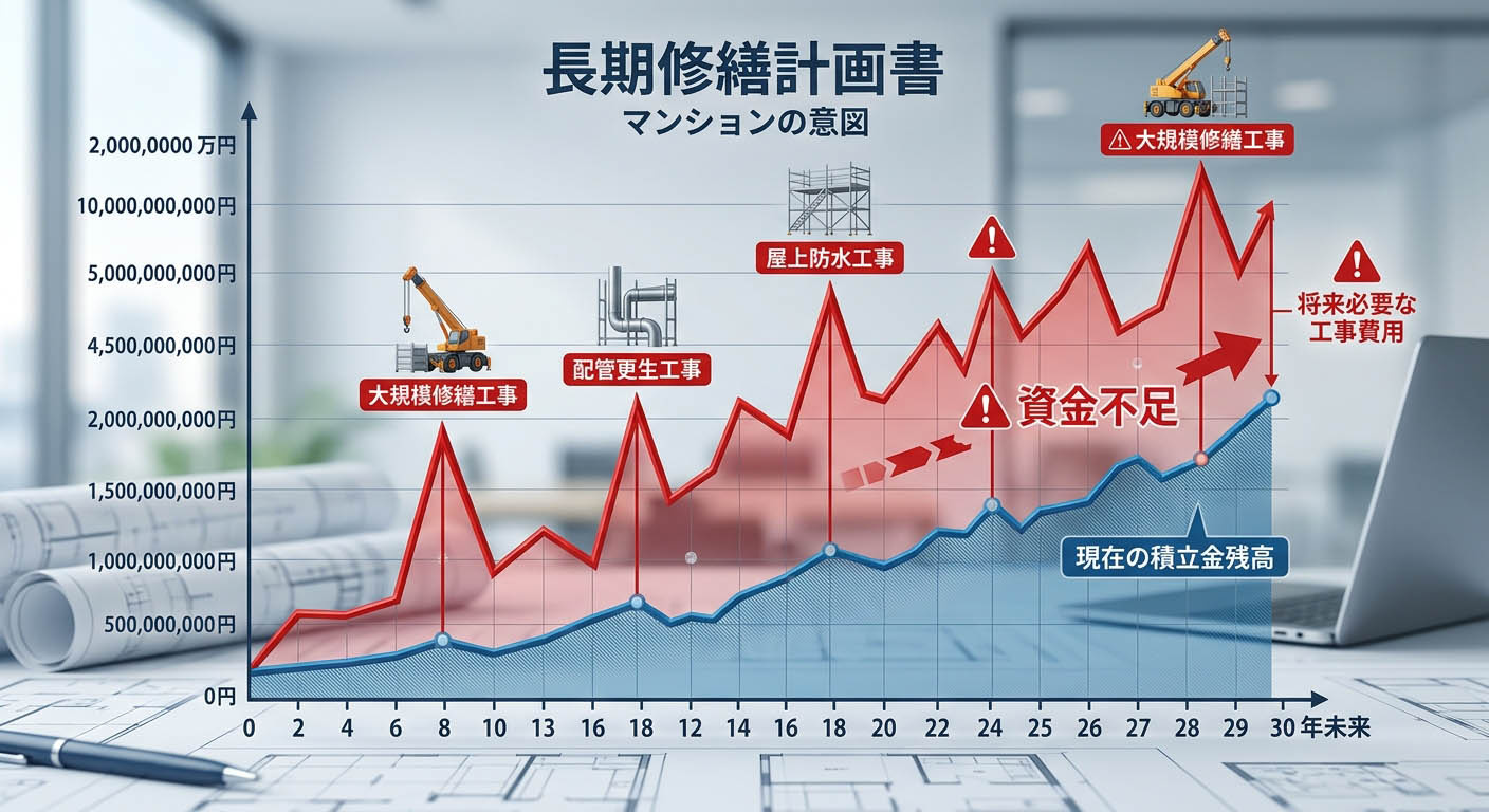 長期修繕計画書のグラフ。現在の積立金残高が、将来必要な工事費用(赤いライン)に全く届いていない「資金不足」の状態を視覚化したインフォグラフィック