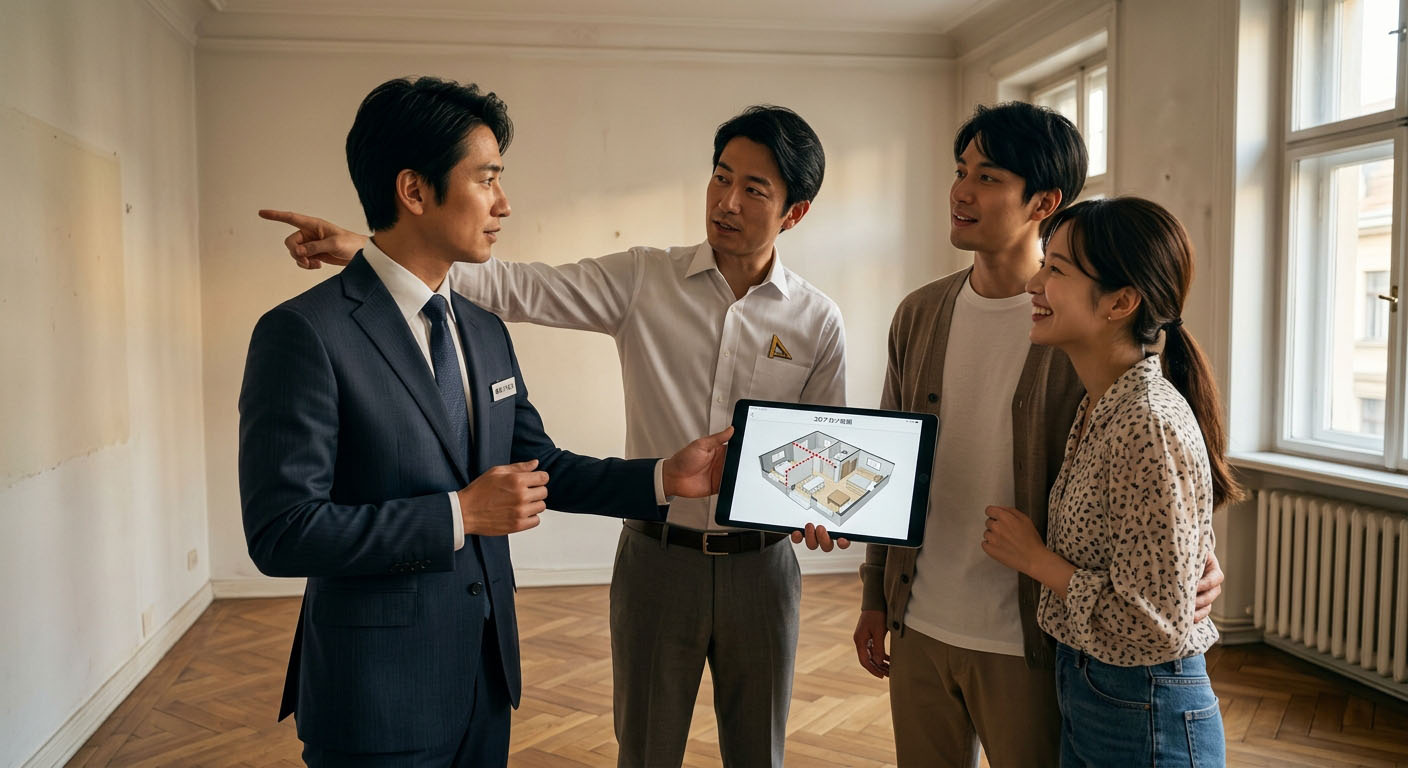高翔バイセルの不動産担当と建築士が、内覧中のマンションの一室で、壁を指差しながらお客様に「ここなら間取り変更が可能ですよ」とアドバイスしている様子