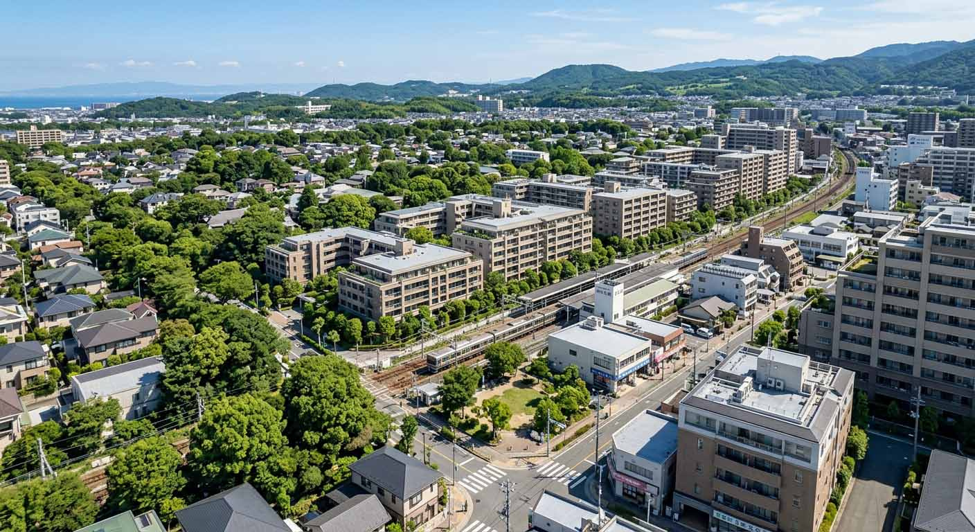 芦屋市の美しい街並み。駅周辺の利便性の高い好立地には、すでに風格のある既存のマンションが建ち並んでいる様子