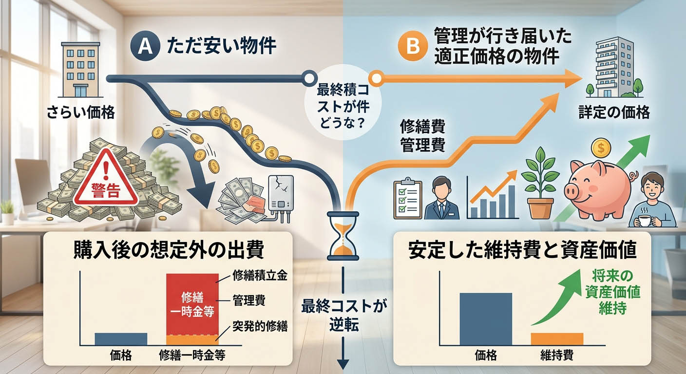 「ただ安い物件」と「管理が行き届いた適正価格の物件」を比較し、購入後の修繕一時金などで最終的なコストが逆転する様子を示したインフォグラフィック