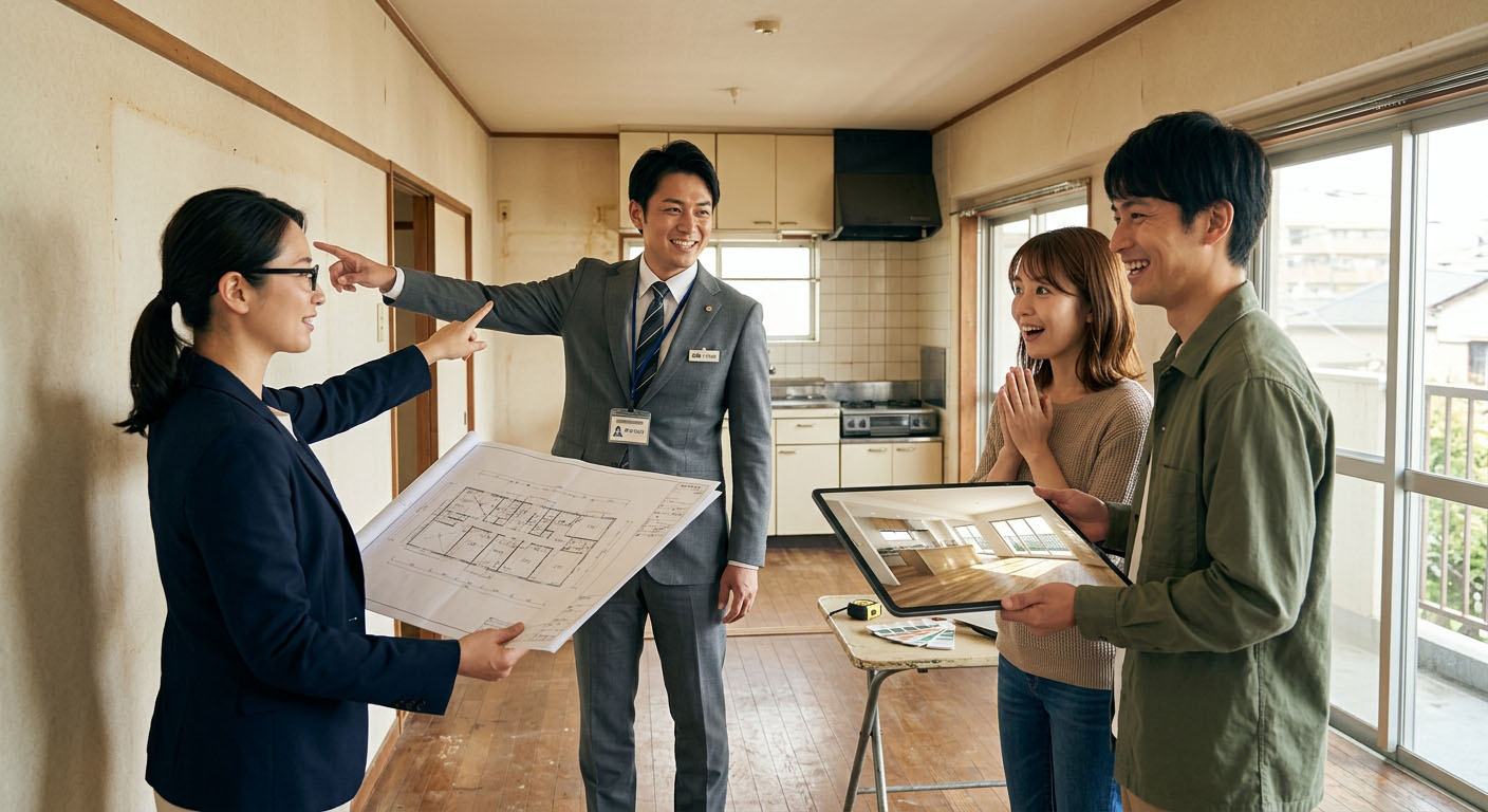 高翔バイセルの不動産スタッフと建築士が、古いマンションの一室で間取り図を広げ、壁を指差しながらお客様に「ここが抜けるので大空間にできます」と笑顔で提案している様子