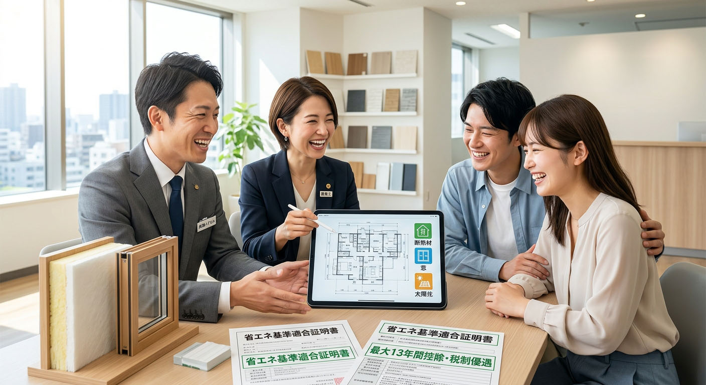 高翔バイセルの不動産担当と建築士が、お客様と一緒に図面や省エネ基準の資料を見ながら、税制優遇を最大限に活かすリノベーションプランを楽しそうに打ち合わせしている様子