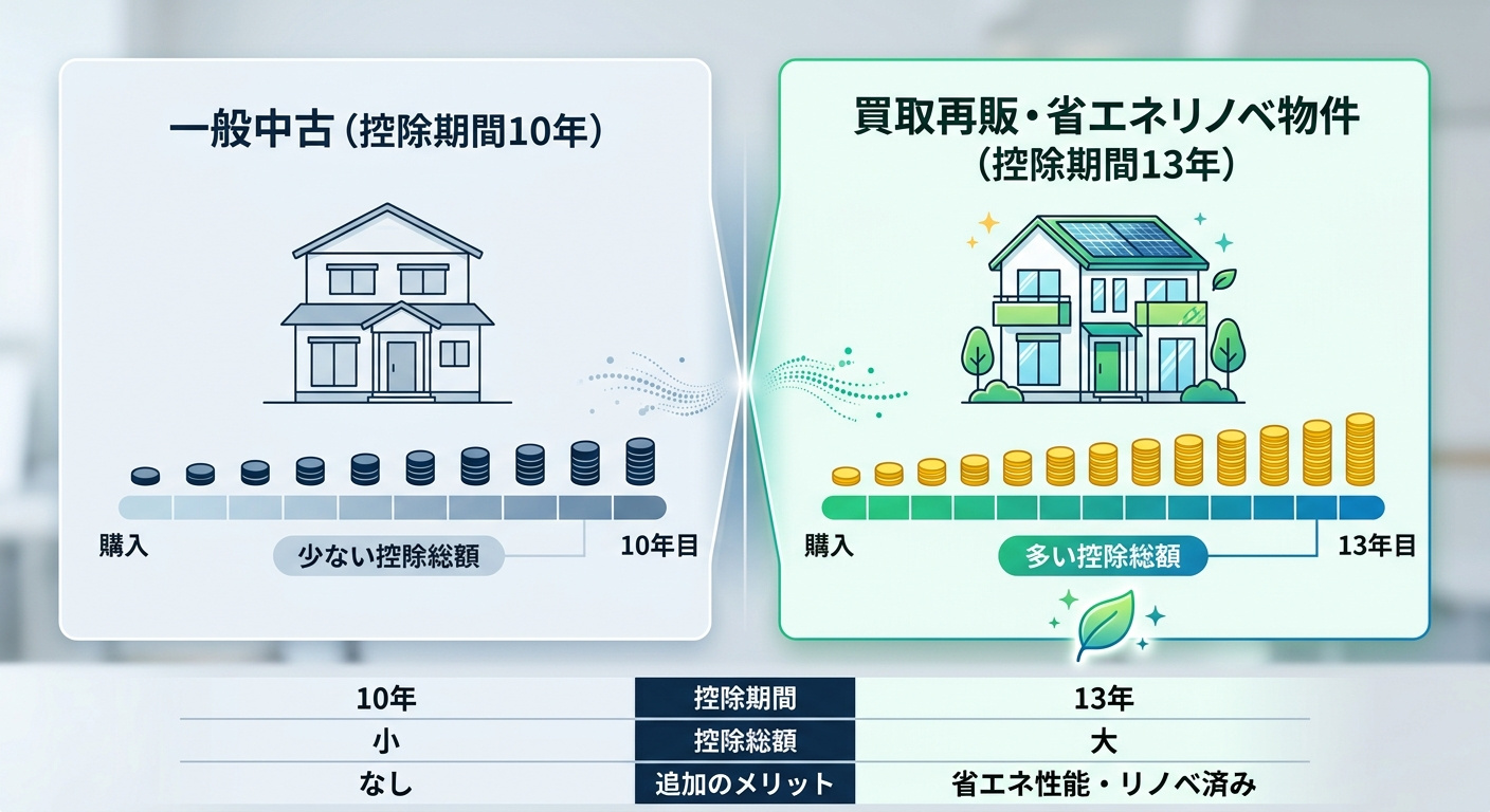 「一般中古(控除期間10年)」と「買取再販・省エネリノベ物件(控除期間13年)」の違いを、家とコインのイラストを用いて視覚的に分かりやすく比較したインフォグラフィック