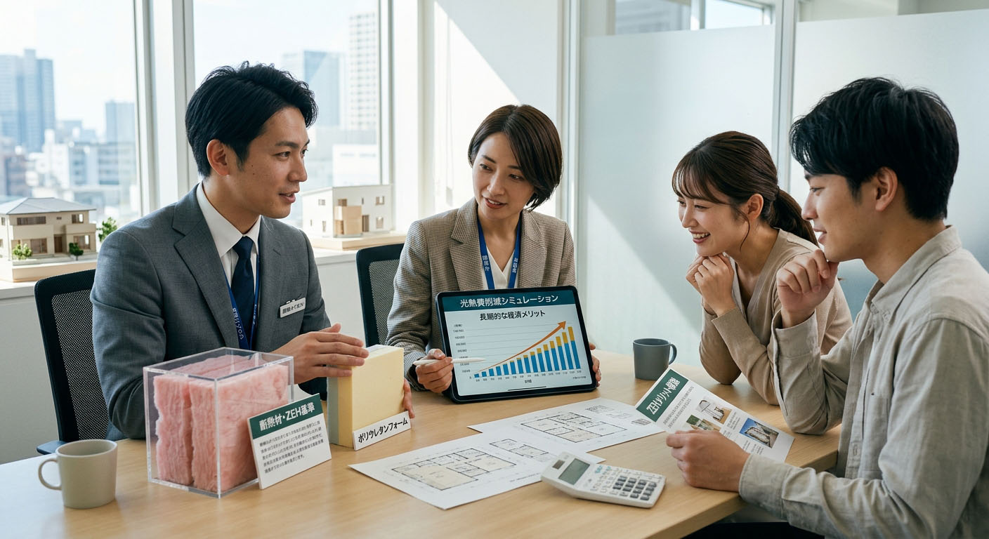 高翔バイセルのスタッフと建築士が、断熱材のサンプルや資金シミュレーションをお客様に提示し、ZEHのメリットを分かりやすく説明している様子