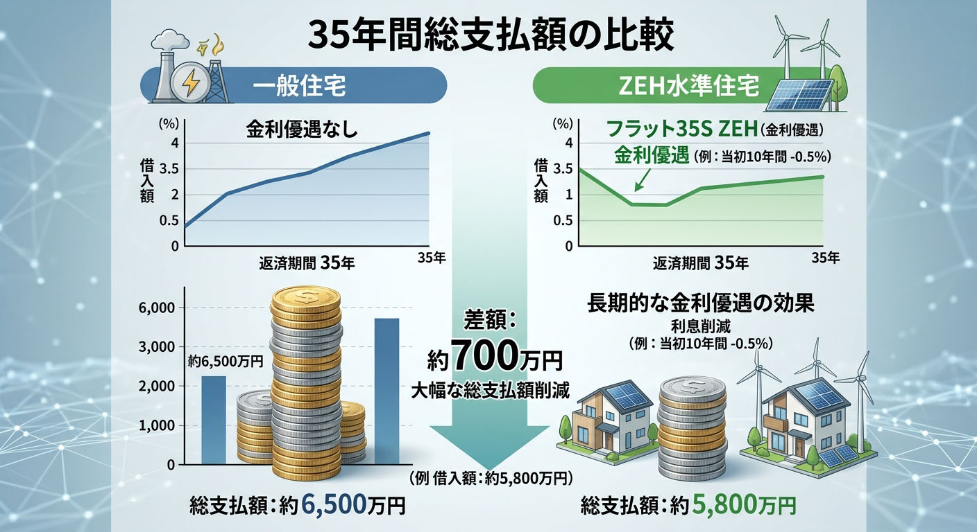 「一般住宅のローン金利」と「ZEH水準の金利優遇(フラット35S ZEHなど)」を比較し、35年間の総支払額に大きな差が生じることを視覚的に示したインフォグラフィック