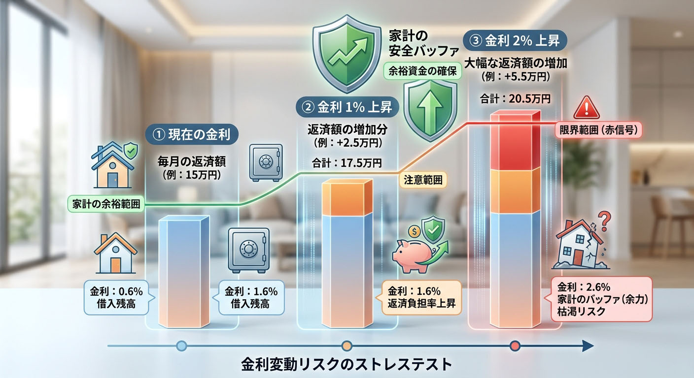 現在の金利での支払いと、金利が1%、2%上昇した際の毎月の返済額の増加分を比較し、家計にどれだけ余裕(バッファ)があるかを示すストレステストのインフォグラフィック