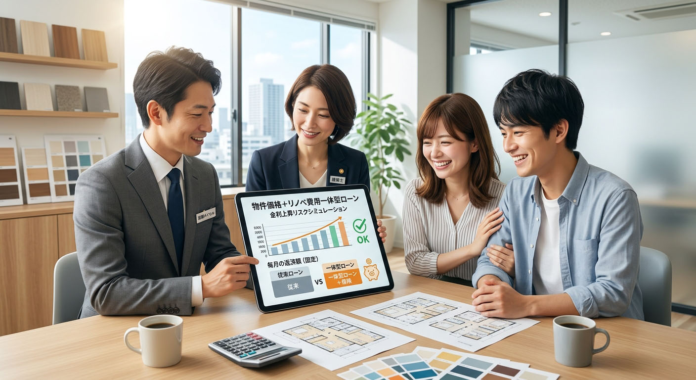 高翔バイセルのスタッフが、物件価格+リノベ費用の一体型ローンと金利上昇リスクを考慮したシミュレーションをタブレットで提示し、安心した笑顔でお客様と打ち合わせしている様子