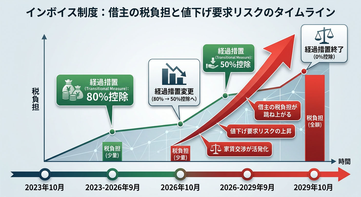 2023年の制度開始から、2026年10月の「経過措置の変更(80%控除から50%控除へ)」に伴い、借主の税負担が跳ね上がり値下げ要求が強まることを示すタイムラインとグラフのインフォグラフィック