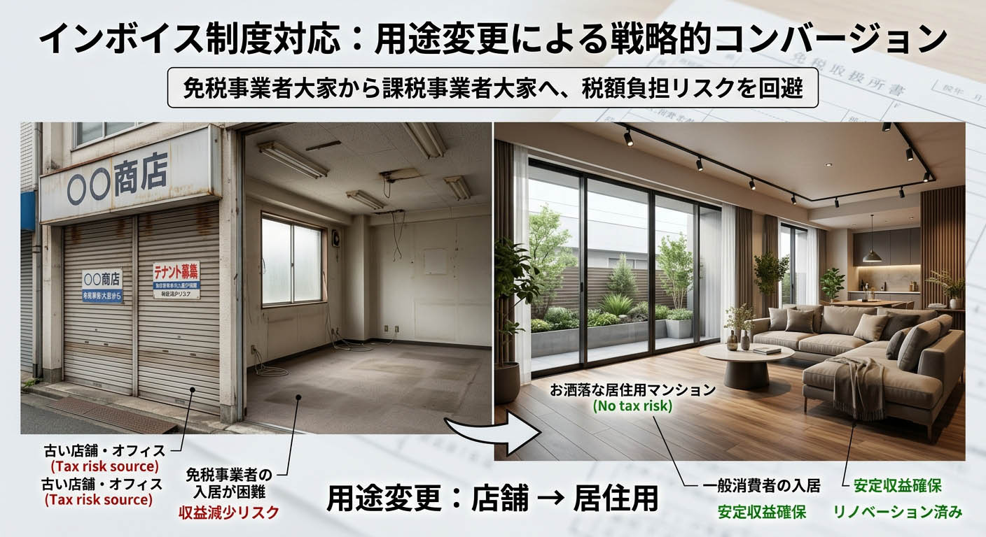 インボイスの影響を受ける古い店舗物件から、影響を受けないお洒落な居住用マンション(リノベーション済み)へと用途変更する様子を表現したビフォーアフターのイメージ