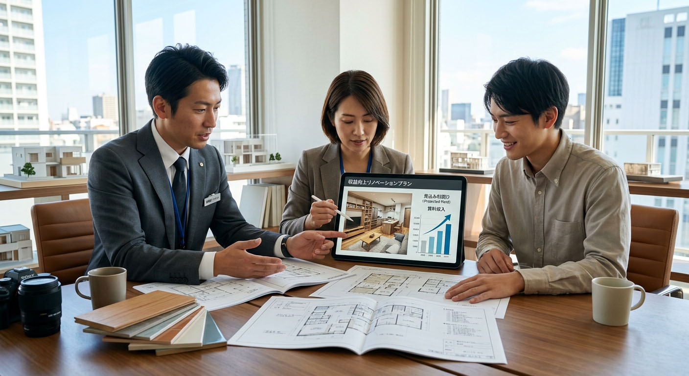 高翔バイセルのスタッフと建築士が、中古マンションの図面を前に、投資利回りを上げるためのリノベーションプランをお客様に提案している様子