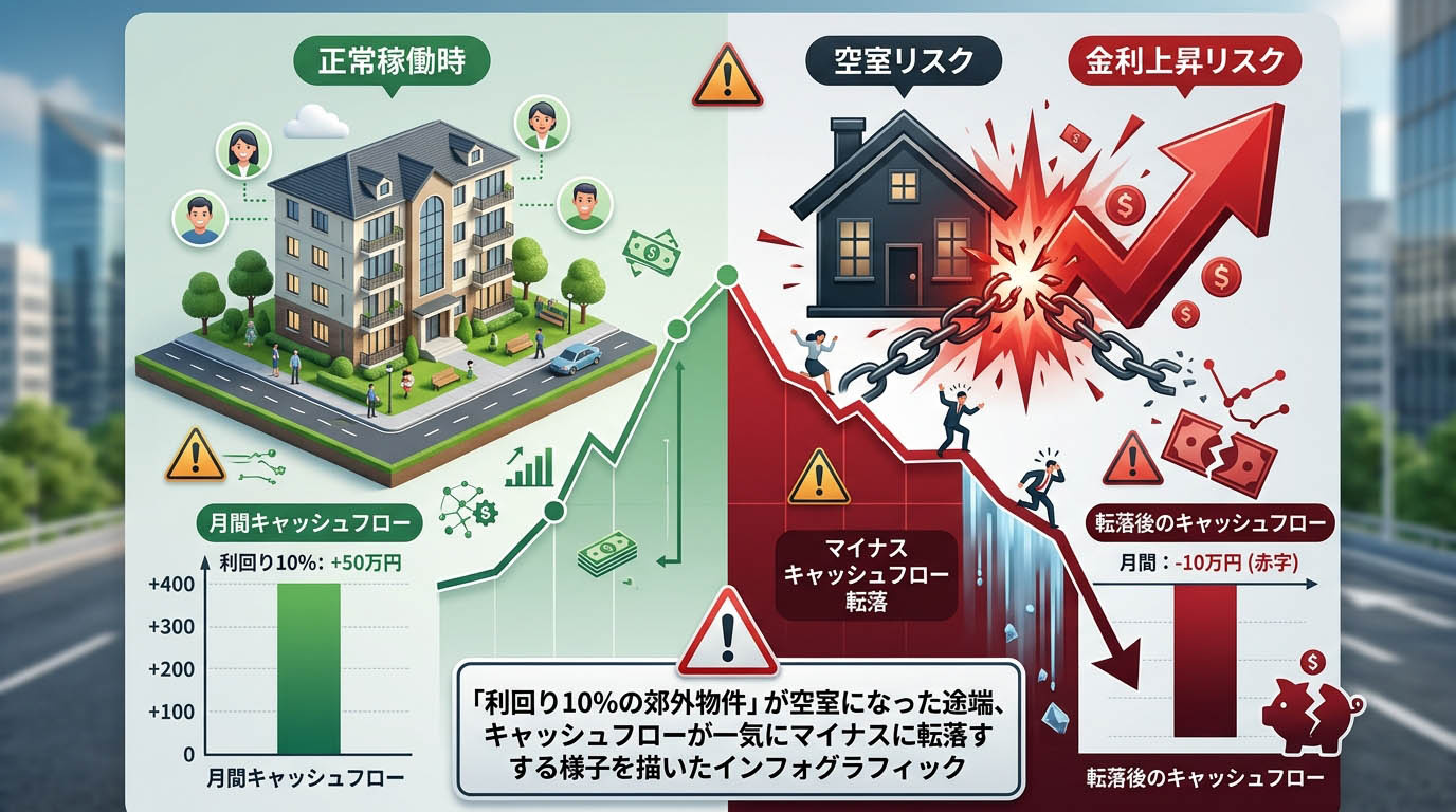 「利回り10%の郊外物件」が空室になった途端、金利上昇によるローン返済が重くのしかかり、キャッシュフローが一気にマイナスに転落する様子を描いたインフォグラフィック