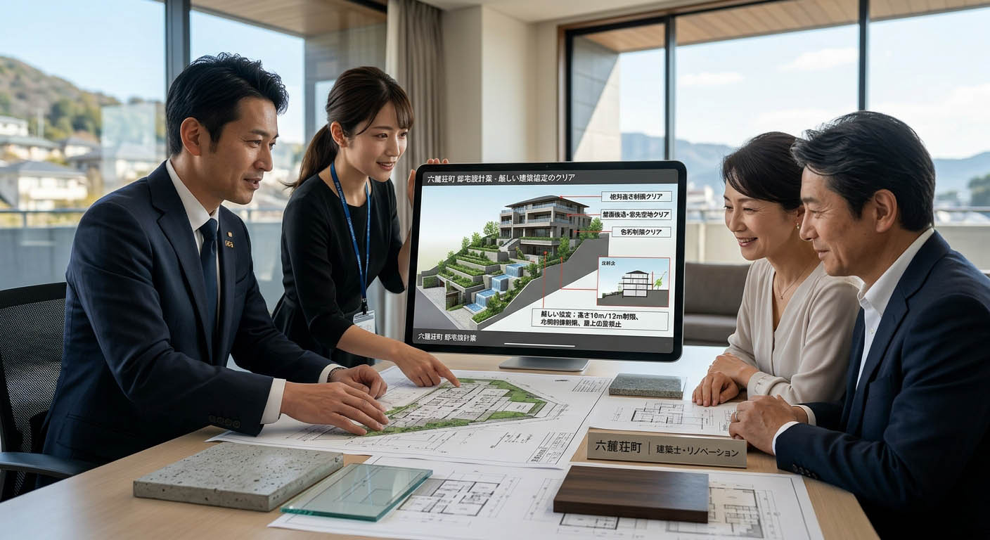 高翔バイセルの不動産担当と建築士が、六麓荘町の厳しい建築協定をクリアしつつ、お客様の理想の邸宅を描いた設計図面をプレゼンしている様子
