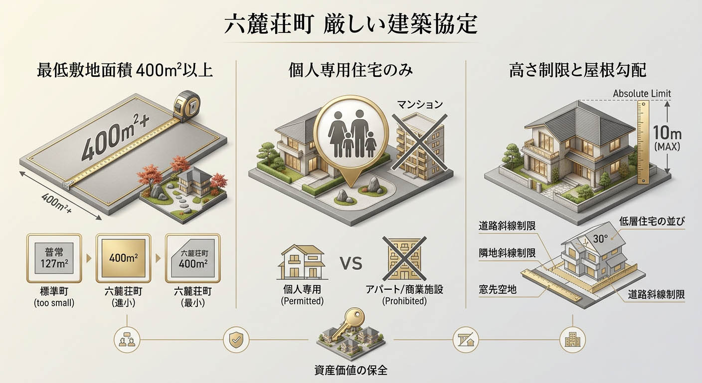 六麓荘町の厳しい建築協定(400平方メートル以上の敷地、個人専用住宅のみ、高さ制限など)をアイコンと図解で分かりやすく示したインフォグラフィック