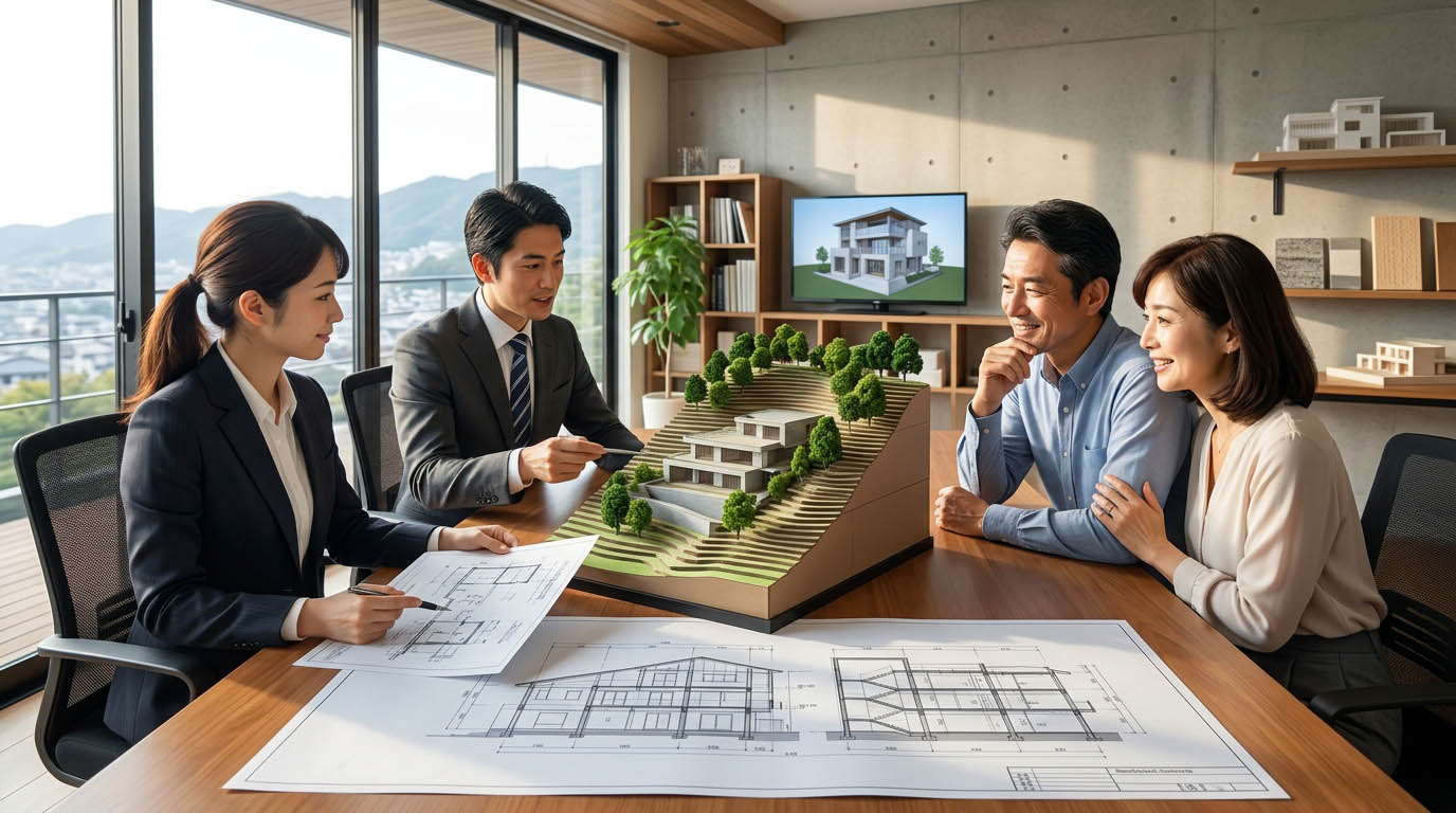 高翔バイセルのスタッフが、傾斜地の地形模型やRC(鉄筋コンクリート)造の図面を用いながら、芦屋の山手エリアで理想の邸宅を建てるためのプランをお客様に説明している様子