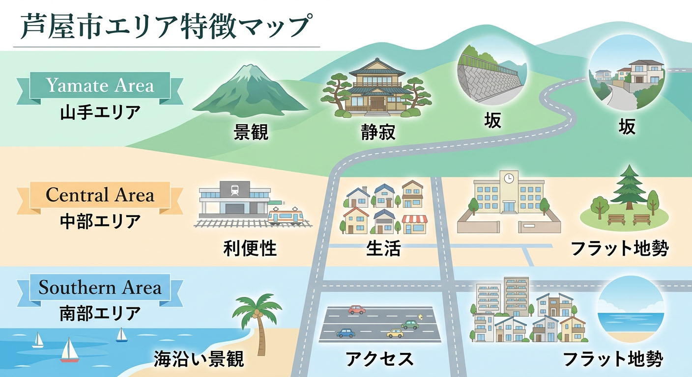 芦屋市を「山手エリア」「中部エリア」「南部(海側)エリア」の3つに分け、それぞれの特徴(景観、利便性、フラットな地勢など)を分かりやすいアイコンで解説したマップ風インフォグラフィック