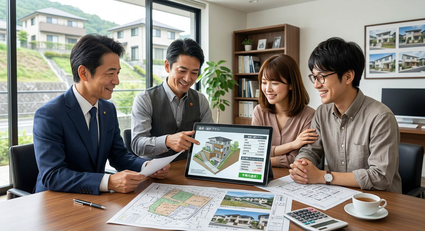 高翔バイセルのスタッフと建築士が、土地の図面や周辺環境のデータを見ながら、お客様に「この土地なら、造成費を含めても総予算内でご希望の家が建ちます」と笑顔でアドバイスしている様子