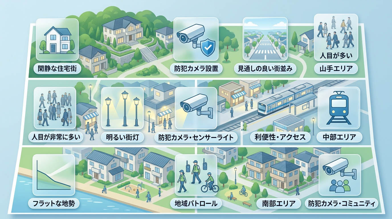 芦屋市を「山手」「中部」「南部」に分け、それぞれの治安の特徴(閑静、人目が多い、見通しが良い)や防犯カメラの設置状況などを視覚的に比較したインフォグラフィック