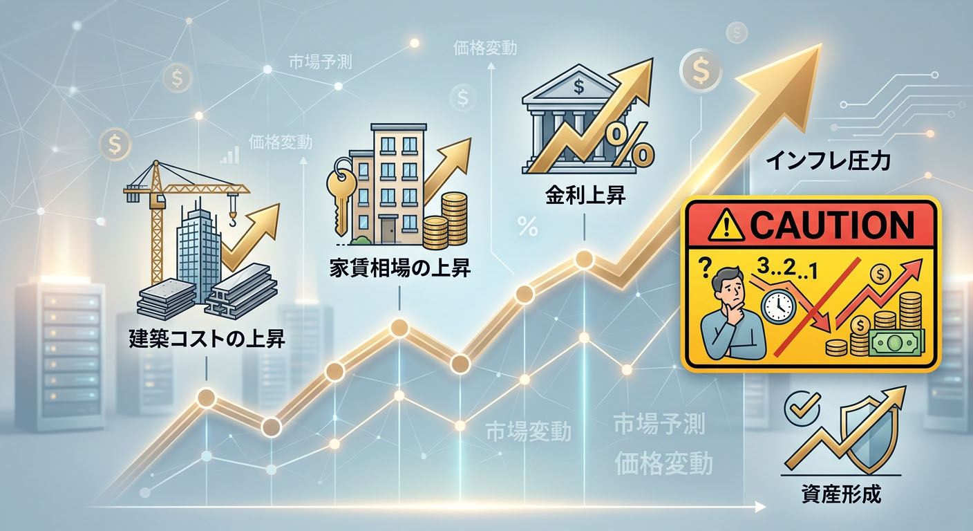 金利上昇の矢印と、それに連動して建築コストや家賃相場も上昇していくインフレの状況を示したインフォグラフィック。「待てば下がる」が通用しないことを視覚化している