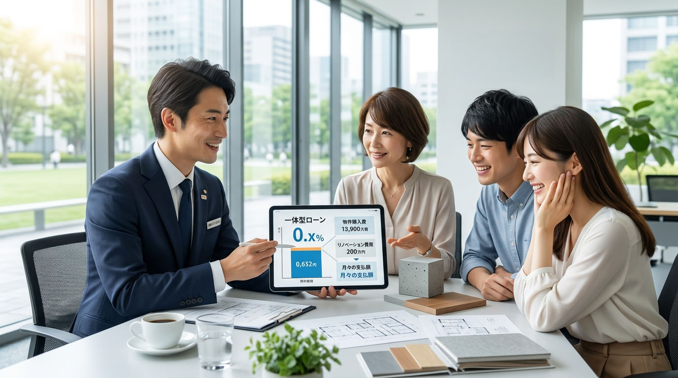 高翔バイセルの不動産担当と建築士が、物件購入費とリノベーション費用をまとめた低金利の「一体型ローン」の資料をお客様に提示し、安心した笑顔で打ち合わせしている様子