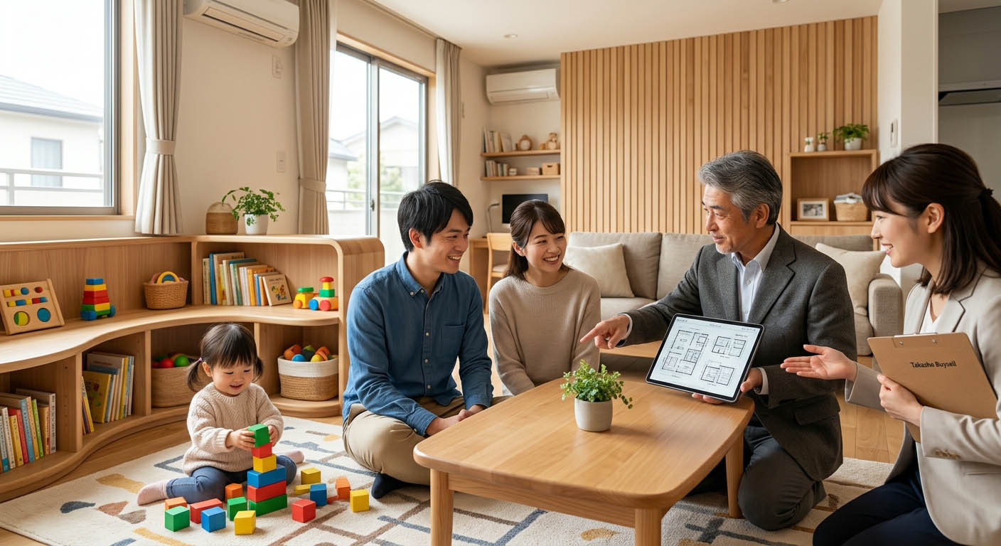 高翔バイセルの建築士が、中古物件をリノベーションして作った、子どもがリビングで安全に遊べる「キッズデザイン」の空間でお客様と打ち合わせしている様子