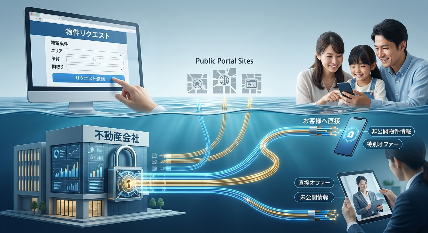 パソコン画面に表示された「物件リクエスト」のフォームと、水面下で不動産会社からお客様へ直接情報が届けられている様子を表したインフォグラフィック