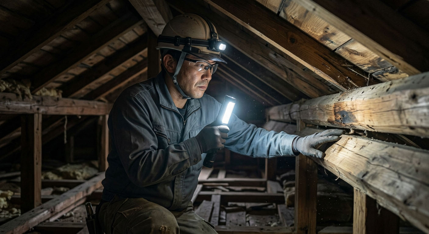 ヘルメットと作業着姿の建築士が、懐中電灯を持って中古戸建の薄暗い天井裏(小屋裏)に入り、雨漏りの形跡がないか真剣にチェックしているインスペクションの様子