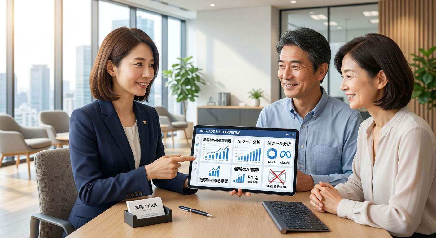 高翔バイセルのスタッフが、DMなどの古い営業手法ではなく、最新のAIツールやMeta広告などを駆使した高度なWeb集客戦略のデータをタブレットで売主様に提示し、透明性のある提案を行っている様子