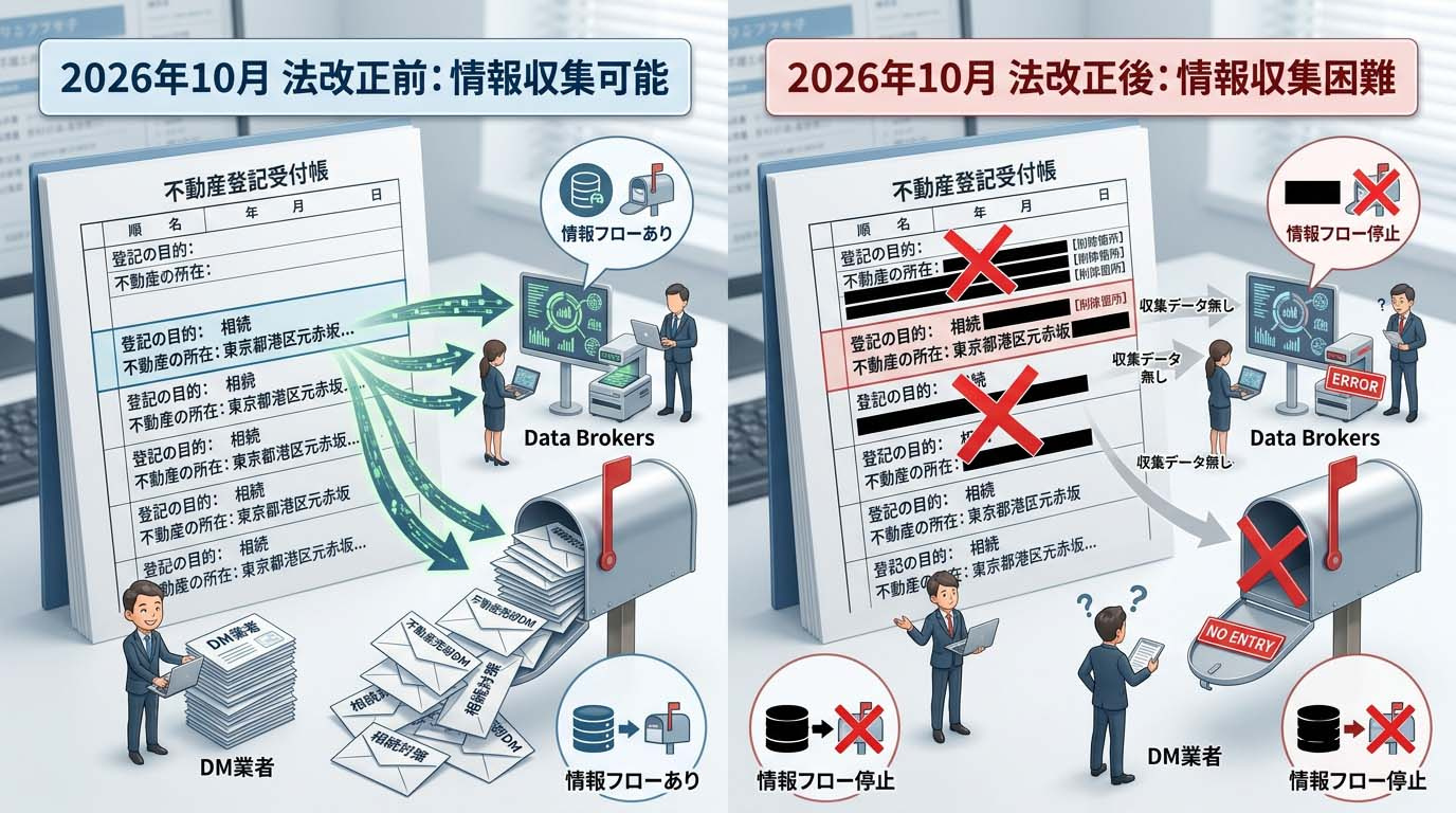 2026年10月の法改正を解説したインフォグラフィック。「改正前」は受付帳に『登記の目的(相続等)』と『不動産の所在』が記載されていたが、「改正後」はこれらが削除(黒塗り)され、業者が情報を拾えなくなる仕組みを視覚化