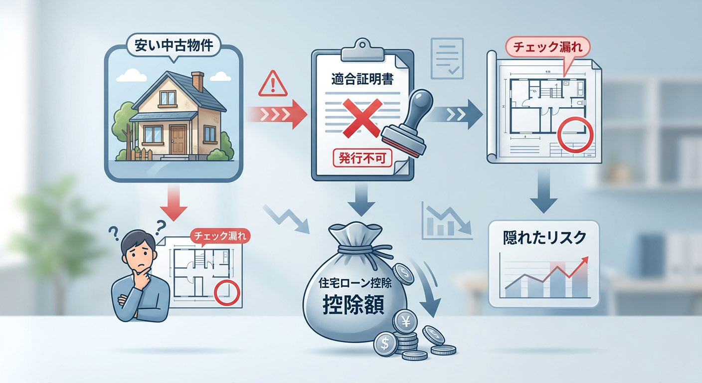 「安い中古物件」を購入したものの、建築士のチェック漏れで「適合証明書」が発行されず、住宅ローン控除の大きな袋(お金)が手から滑り落ちていく様子を描いたインフォグラフィック