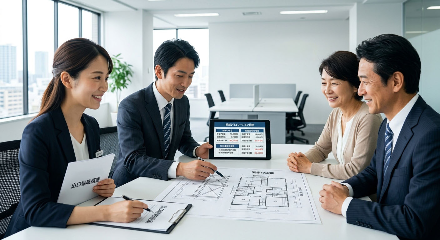 高翔バイセルの不動産担当スタッフと建築士、そして連携する税理士がチームとなり、お客様の実家の図面を見ながら最適な出口戦略(解体か、耐震改修か)を提案している様子