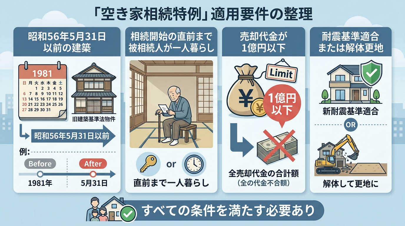 特例適用のための「昭和56年5月31日以前の建築」「相続開始の直前まで被相続人が一人暮らし」「売却代金が1億円以下」「耐震基準適合または解体更地」といった厳しい条件を分かりやすく整理したインフォグラフィック