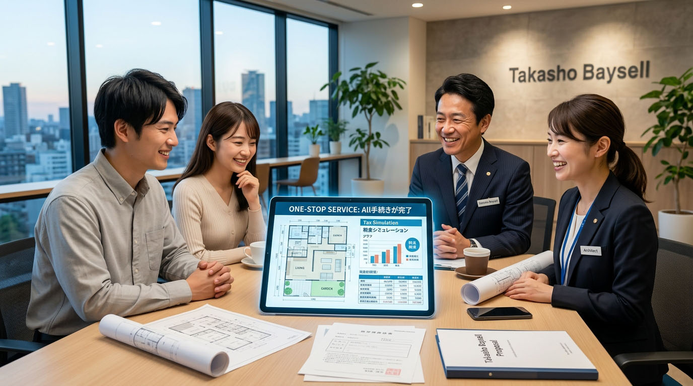 高翔バイセルの不動産担当と建築士が、土地の図面と税金のシミュレーションをお客様に提示し、ワンストップで手続きが完了する安心感を笑顔で伝えている様子