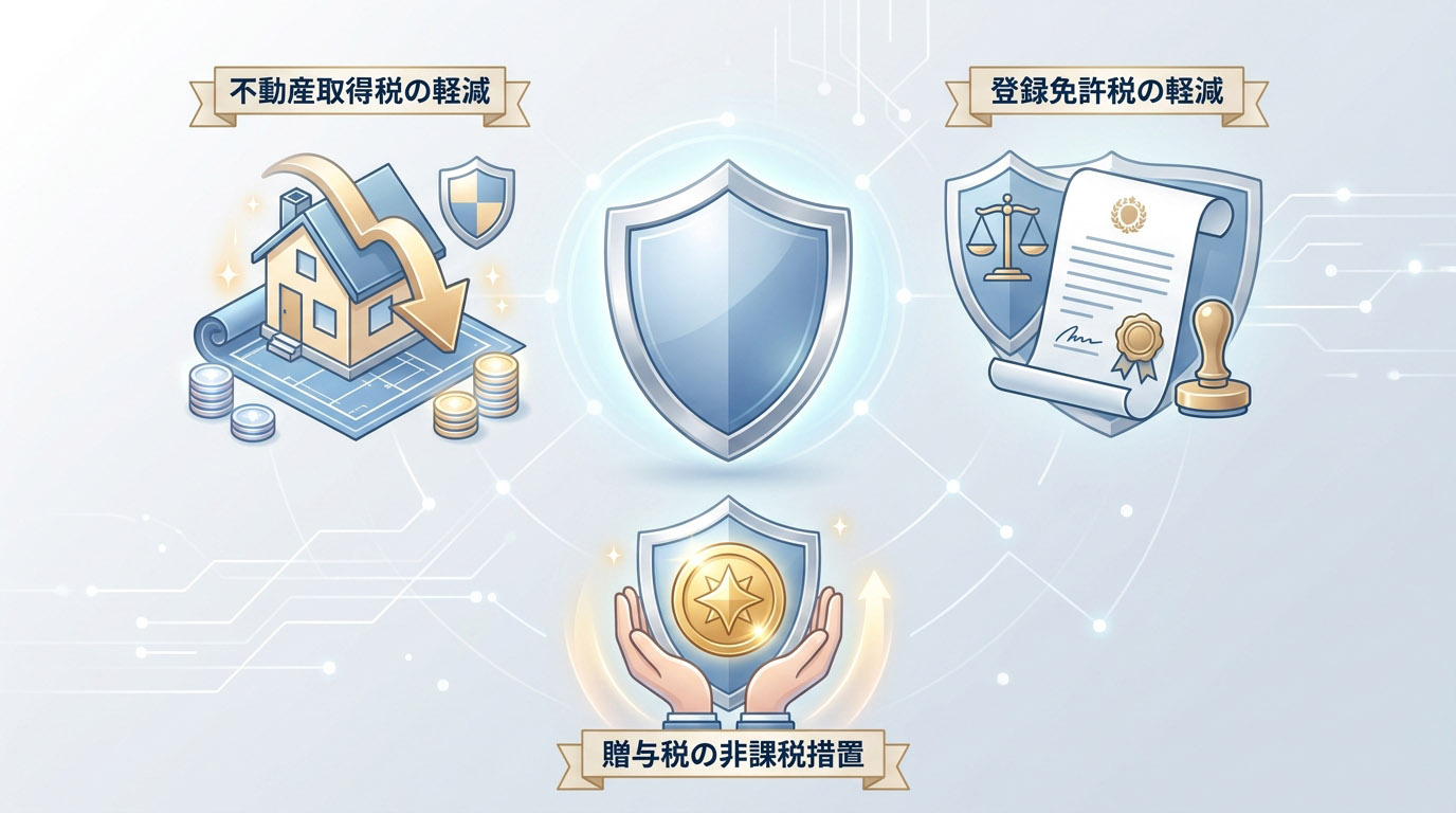「不動産取得税の軽減」「登録免許税の軽減」「贈与税の非課税措置」という3つの税制優遇を、コインと盾のアイコンで分かりやすく表現したインフォグラフィック