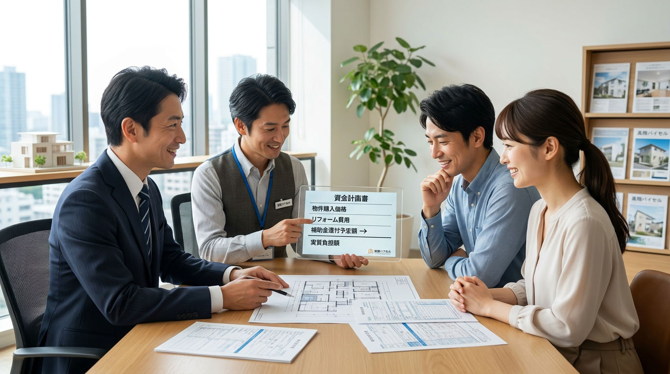 高翔バイセルの不動産担当と建築士が、物件購入費と補助金還付額を計算した資金計画書をタブレットで提示し、お客様が安心した笑顔を見せている様子
