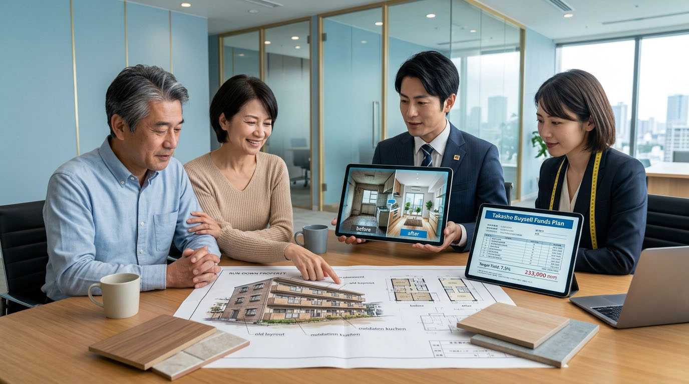 高翔バイセルのスタッフと建築士が、古い中古マンションの図面を前に、投資利回りを引き上げるための効果的なリノベーションプランをお客様に提案し、お客様が納得している様子