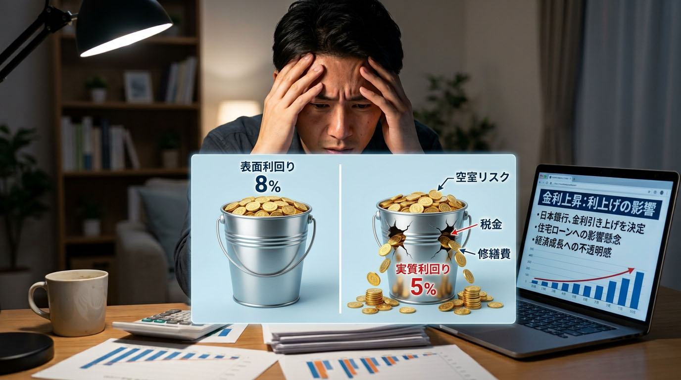 「表面利回り」と、税金や空室リスク、修繕費を差し引いた「実質利回り」の違いを、満水のバケツと水が漏れているバケツのイラストで分かりやすく比較したインフォグラフィック