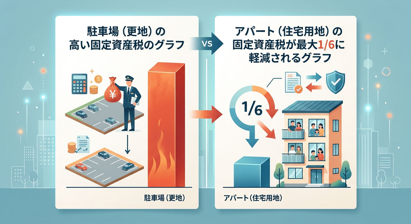 「駐車場(更地)」の高い固定資産税のグラフと、「アパート(住宅用地)」の固定資産税が最大1/6に軽減されるグラフを比較したインフォグラフィック