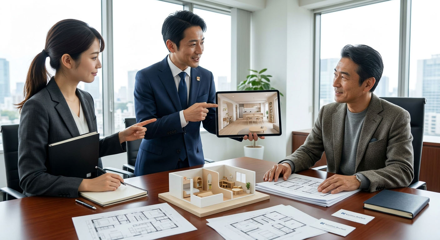 高翔バイセルのスタッフと建築士が、空室対策として、子育て世代に響くキッズデザインを取り入れたリノベーションプランを投資家に提案し、納得している様子