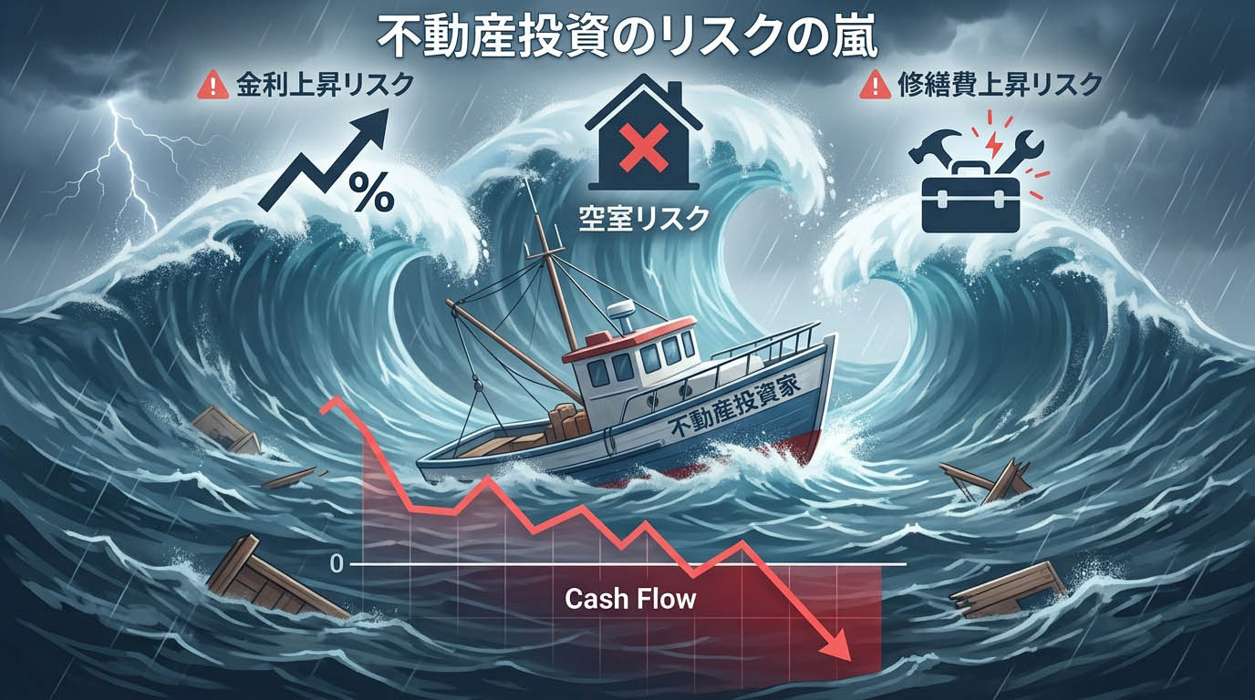 フルローン(自己資金ゼロ)の船が、「金利上昇」「空室発生」「突発的な修繕」という3つの大波(リスク)を受けてキャッシュフローがマイナスになり、沈没しかかっている様子を描いたインフォグラフィック