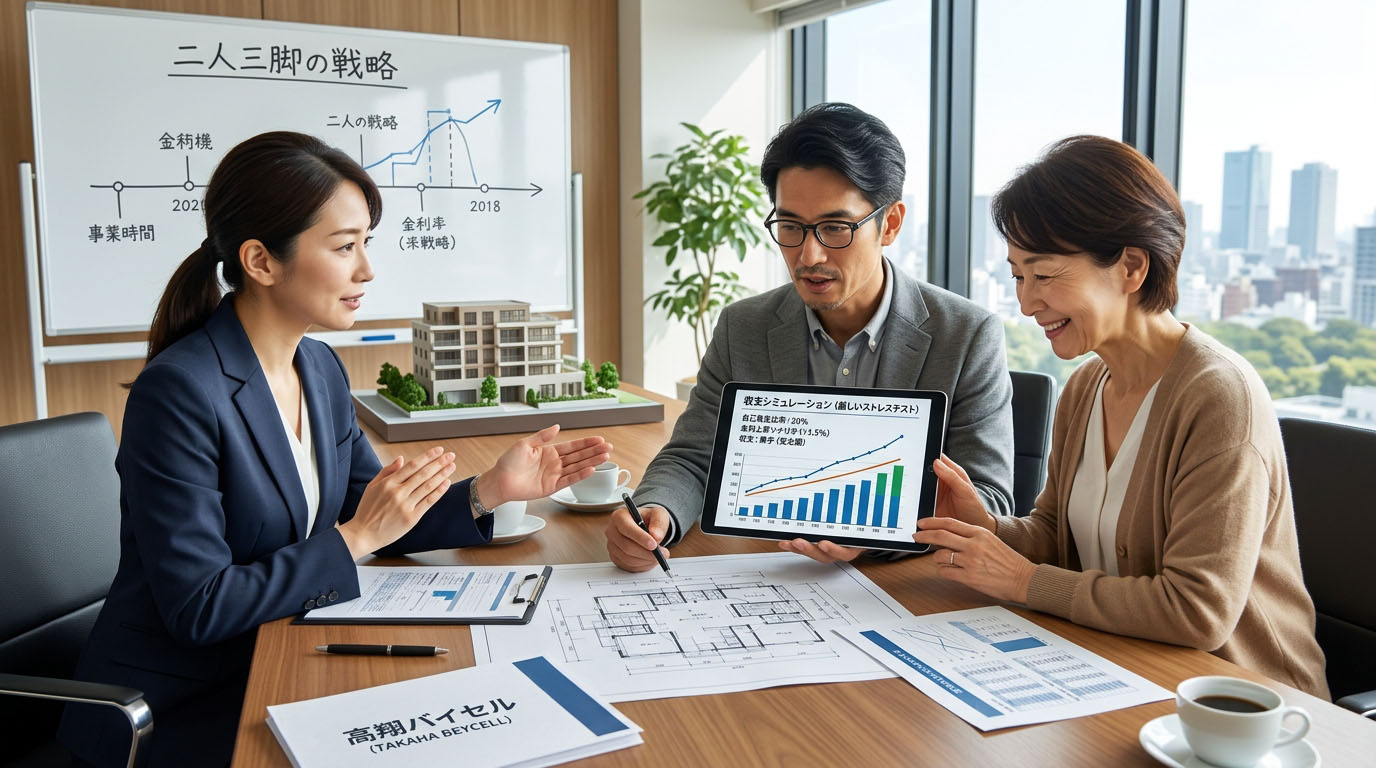 高翔バイセルの不動産担当と建築士が、安全な自己資金比率を設定し、金利上昇リスクを織り込んだ厳しいストレステスト(収支シミュレーション)をお客様に提示し、二人三脚で戦略を練っている様子