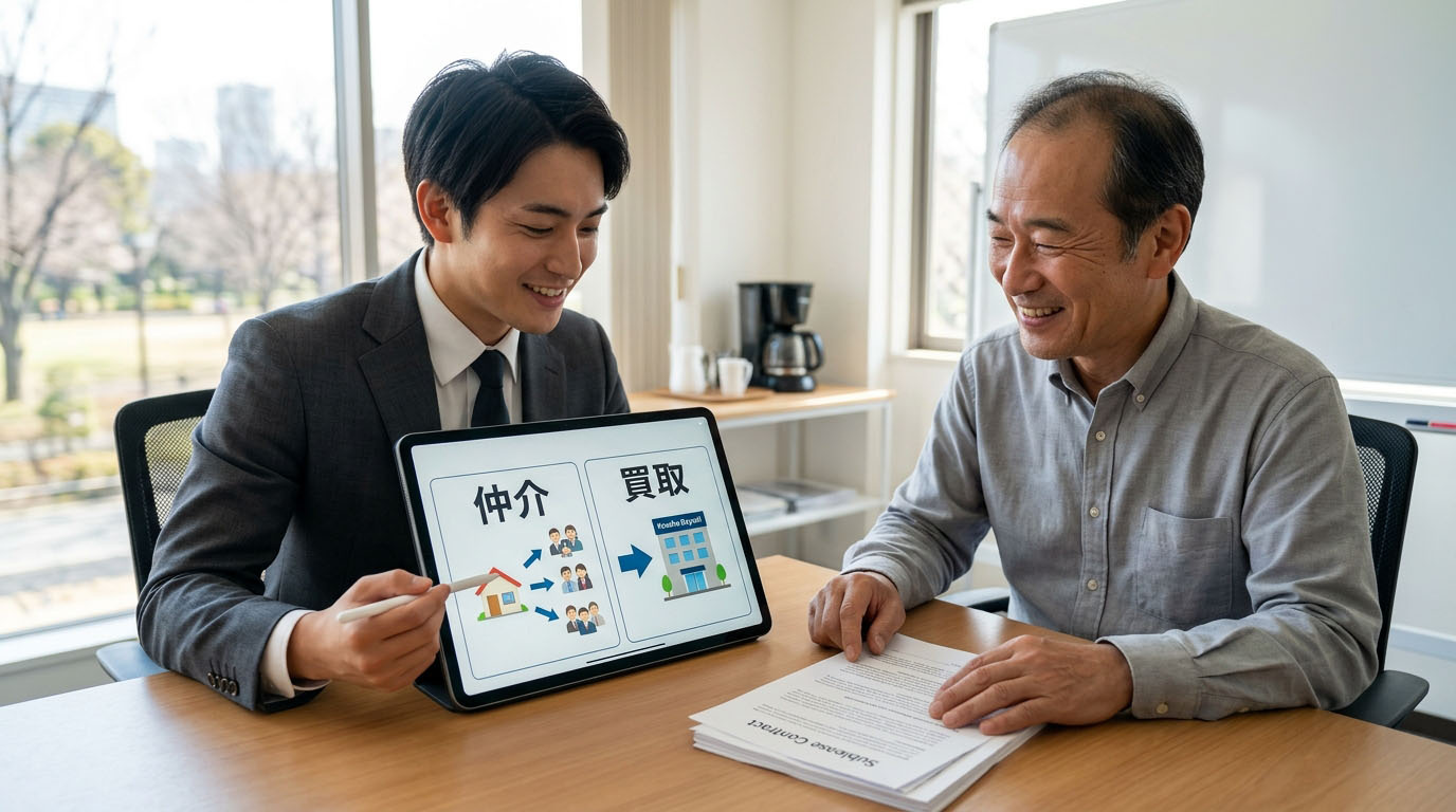 高翔バイセルのスタッフが、サブリース契約書を前に八方塞がりになっていたオーナー様に対し、「買取」と「仲介」の2つの出口戦略を分かりやすく提示し、オーナー様が安心を取り戻している様子