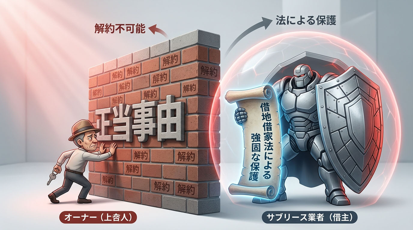 「オーナー(貸主)」よりも「サブリース業者(借主)」の方が借地借家法によって強く守られており、正当事由がないと解約の壁を越えられないことを示すインフォグラフィック