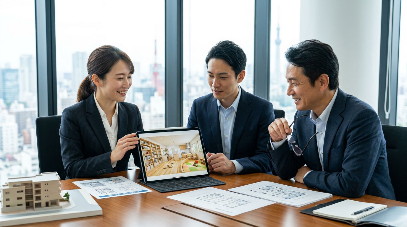 高翔バイセルのスタッフと建築士が、駅から遠い古い物件の図面を前に、子育て世代に響くキッズデザインを取り入れたリノベーションプランを投資家様に提案し、笑顔で戦略を練っている様子