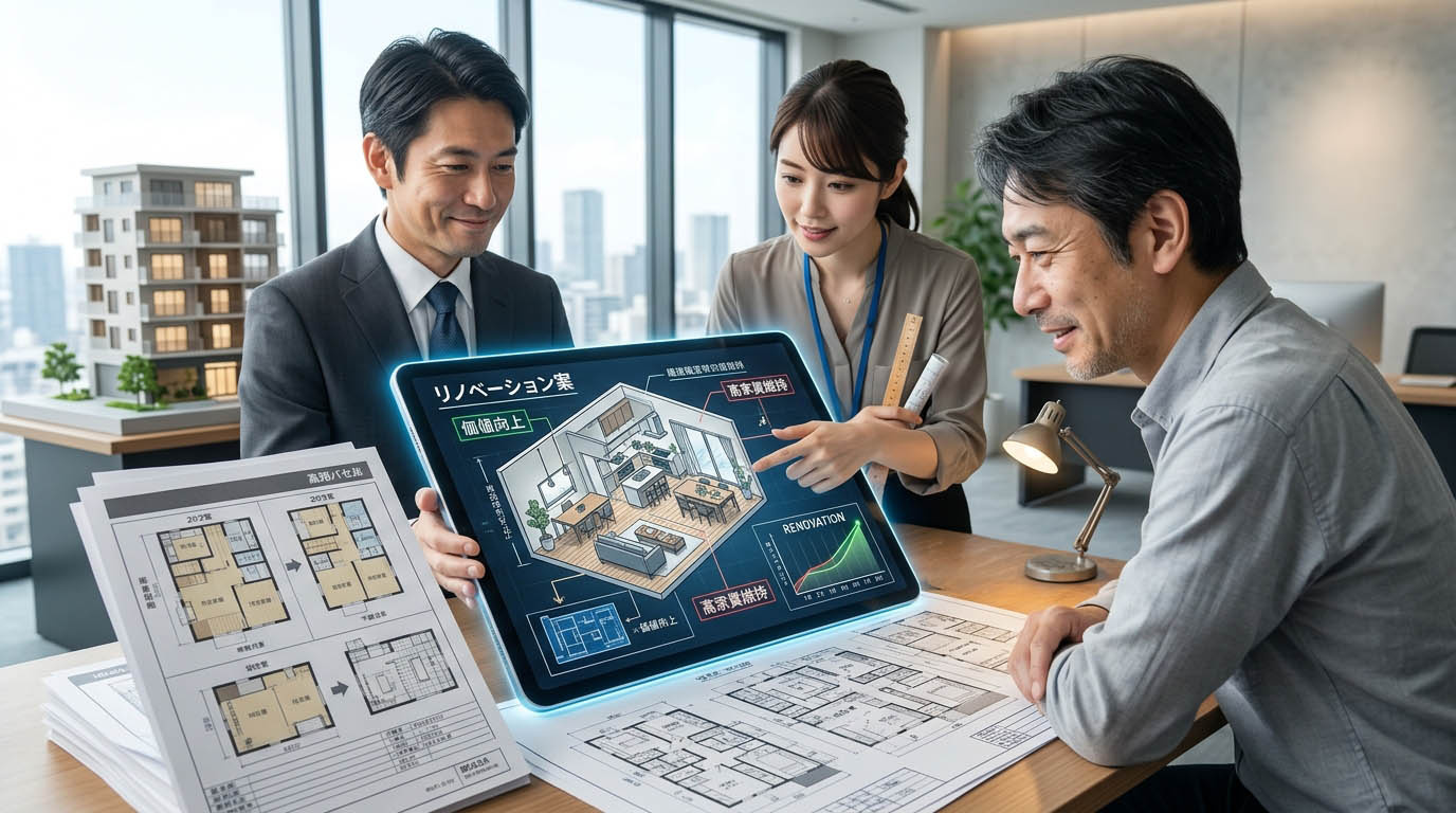 高翔バイセルのスタッフと建築士が、空室に悩むオーナー様に対し、家賃を下げるのではなくリノベーションによって物件の価値を高める戦略を図面やタブレットを用いて提案している様子