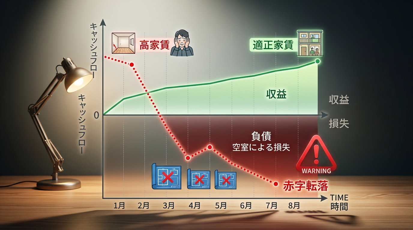家賃を高く設定したために空室が続き、ローンの支払いだけが残ってキャッシュフローが赤字(マイナス)に転落する様子を描いた折れ線グラフのインフォグラフィック
