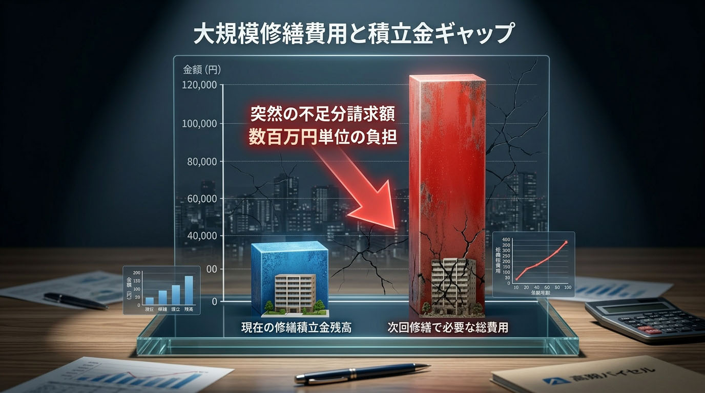 「現在の修繕積立金残高」と「次回の大規模修繕で必要になる莫大な費用」の間に大きなギャップ(不足分=突然の請求額)が生じていることを示す、赤字のグラフのインフォグラフィック