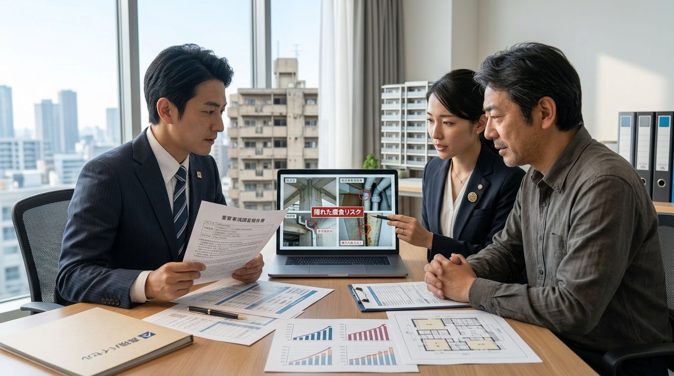高翔バイセルの不動産担当と建築士が、物件の『重要事項調査報告書』と建物の写真を見ながら、隠れた修繕リスクをお客様に透明性をもって説明し、安全な購入をサポートしている様子